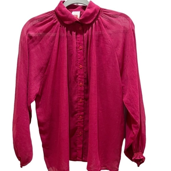 Vintage St. Michael 80’s Semi Sheer Cotton Blend Smocked Blouse Round Collar 10 - Picture 1 of 11